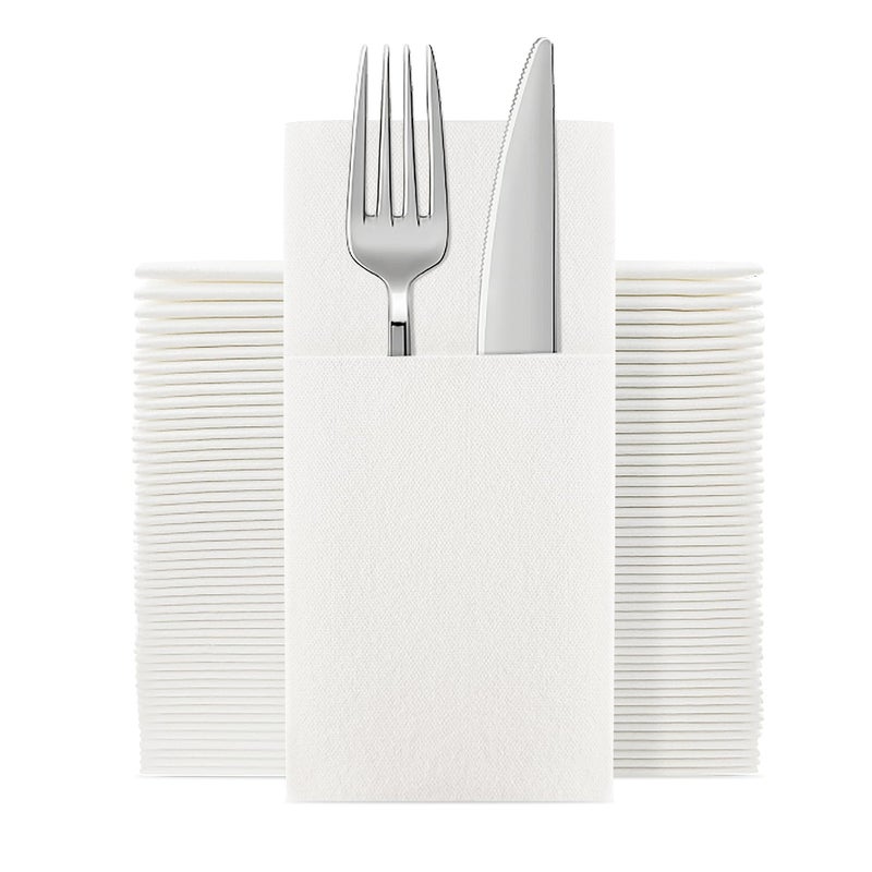 JEBBLAS 100Pack Disposable Cloth Like Napkins Builtin Flatware Pocket Wedding Party Linen Feel White Napkin Prefolded for Silverware